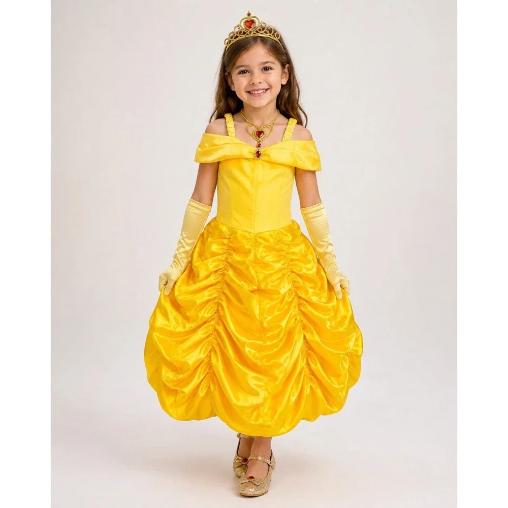 Princess Belle Beauty and Beast Costume Yellow Dress Girl 4-5 Accessories Cute